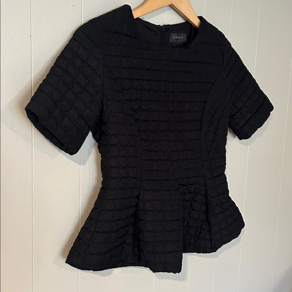 Gracia Black Textured Peplum Blouse Short Sleeve Size Small - Picture 9 of 12